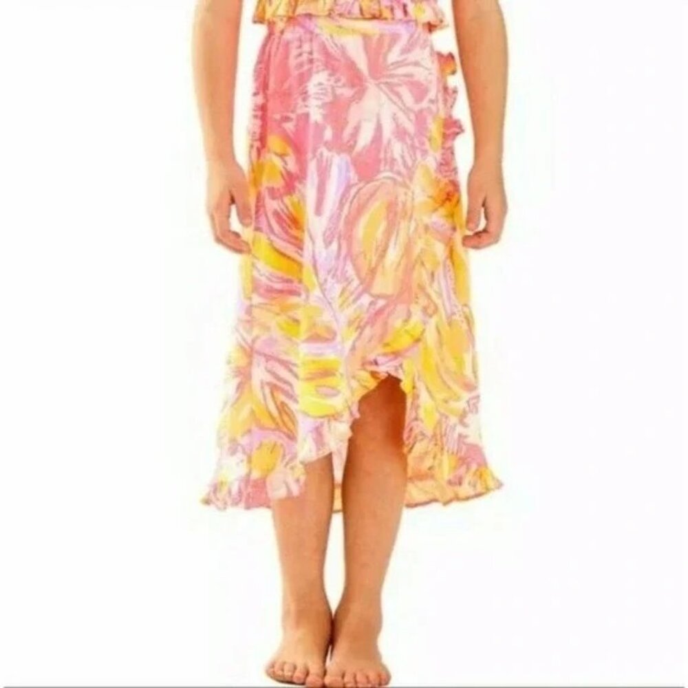 Lilly Pulitzer Floral Wrap Skirt Girls L 8-10 Ruffle REBEKAH Pink Orange Hi Low